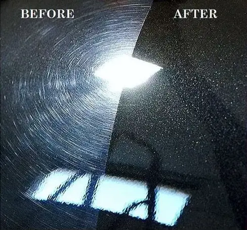 Before and after black panel that has been paint corrected
