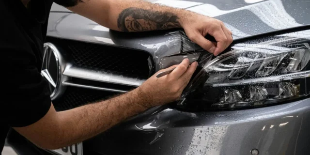 Precision cuts on headlight paint protection film installation